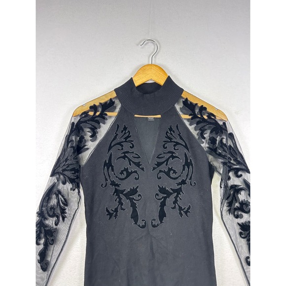 INC International Concepts Black Mock Neck Mesh Velvet Burnout Long Sleeve Top M - Picture 6 of 8